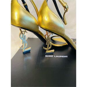 🛍️Saint Laurent Authentic Metallic Gold YSL Logo Ankle-Strap Heels